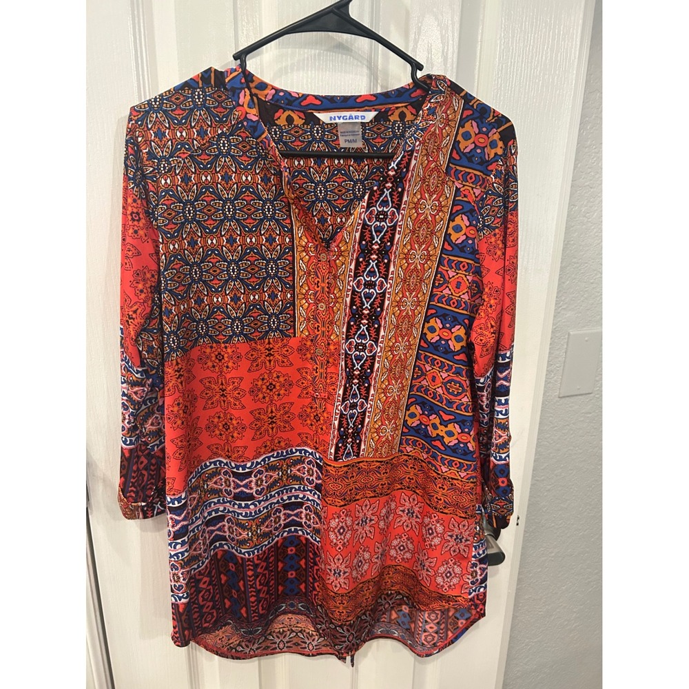 Nygard Tunic Top Red Orange Blue Patchwork Paisley Boho Roll Tab‎ Sleeve PM M